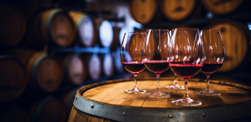Glass of red wine with a blurred background of cellar, wine-vault with barrels. Generative AI