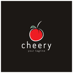 Fresh cherry fruit logo with minimalist leaf line art style. for fruit shop, cherry farm, cake, business,