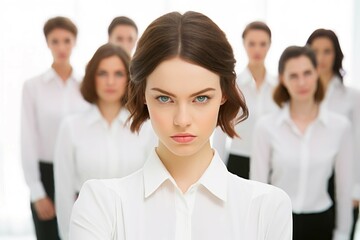 Fototapeta premium business, people and office concept - serious businesswoman over group of businesspeople