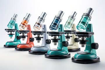 Various colorful flasks and blue microscope over