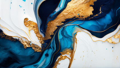 luxury wallpaper. Blue marble and gold abstract background texture. Indigo ocean blue marbling with natural luxury style swirls of marble ,abstract blue, white, glitter and gold background , Ai - Powered by Adobe