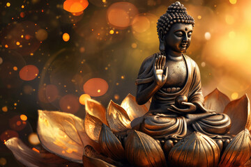 Fototapeta premium Buddha statue with a lotus flower on an abstract beautiful decorative shining background, Asia faith spirit and culture.