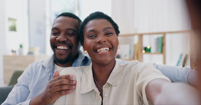 Happy, selfie and face of black couple on sofa for bonding, healthy relationship and relax in living room. Home, marriage and portrait of African man and woman take profile picture for memory or post