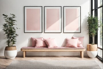 Wooden bench with pink pillows near staircase against white wall with three poster frame. Scandinavian style interior design of modern entrance hall.