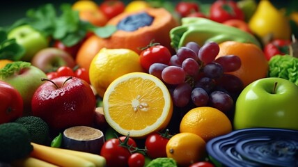 Close-up of colorful and varied fruits and vegetables Ai generated art