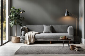 Grey daybed sofa against fireplace. Rustic scandinavian home interior design of modern living room.