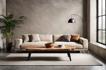 Live edge coffee table near beige sofa against concrete wall. Minimalist loft home interior design of modern living room.