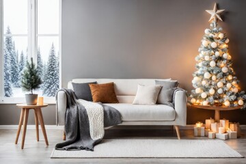 Loveseat sofa with knit blanket and diy abstract wooden christmas tree with glowing lights near...