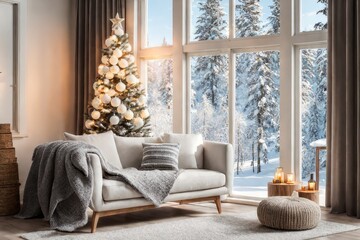 Loveseat sofa with knit blanket and diy abstract wooden christmas tree with glowing lights near window with winter snow forest view. Scandinavian country home interior design of modern living room.