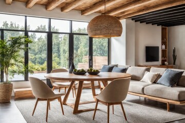 Two beige chairs at wooden round dining table against sofa in room with beam ceiling. Japandi home interior design of modern living room.