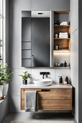 Fototapeta na wymiar Wall-mounted vanity with white ceramic vessel sink. Interior design of modern scandinavian bathroom.