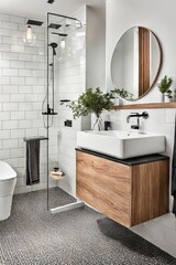 Wall-mounted vanity with white ceramic vessel sink. Interior design of modern scandinavian bathroom.
