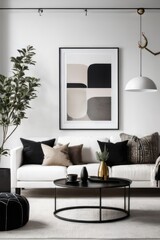 White sofa and black coffee table against white wall with art poster. Scandinavian boho home interior design of modern living room.