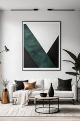 White sofa and black coffee table against white wall with art poster. Scandinavian boho home interior design of modern living room.