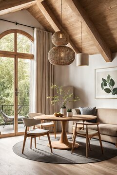 Two beige chairs at wooden round dining table against sofa in room with beam ceiling. Japandi home interior design of modern living room.