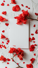 Blank paper card mockup with red flowers and heart-shaped confetti. Luxury greeting card design concept. Generative AI