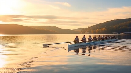 Rowing team rowing scull on lake. - obrazy, fototapety, plakaty