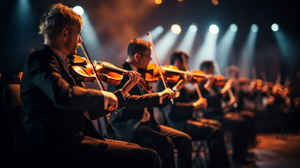 Row of violinists playing at a concert - obrazy, fototapety, plakaty