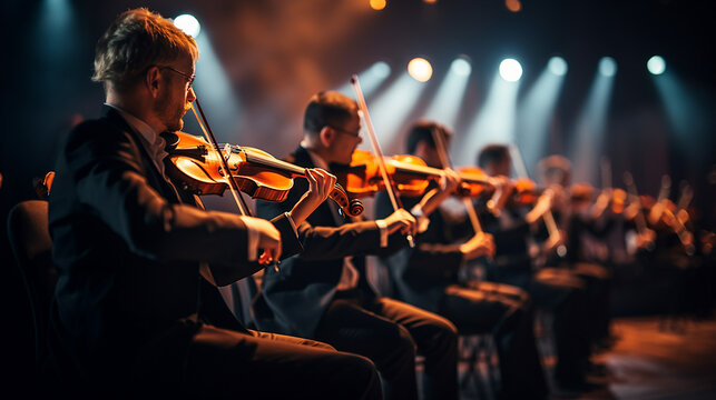 Row of violinists playing at a concert