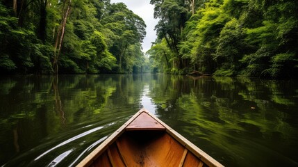 Obraz premium Canoeing the Amazon: A Man Explores the Untamed Beauty of the Rainforest, Paddling a Traditional Canoe Along a Jungle River, Embracing the Adventure in South America's Heart.