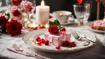 Obraz na płótnie Canvas A beautifully set table with a plate adorned with a fork and spoon, and a delicate Valentine gift box sitting on top, waiting to be opened