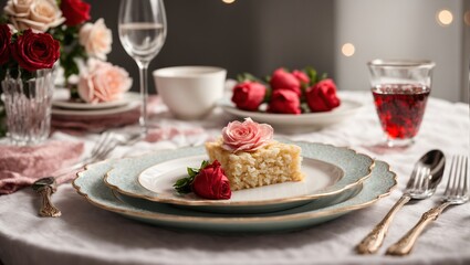  A beautifully set table with a plate adorned with a fork and spoon, and a delicate Valentine gift box sitting on top, waiting to be opened