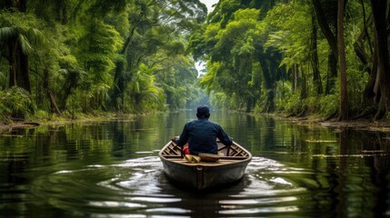 Canoeing the Amazon: A Man Explores the Untamed Beauty of the Rainforest, Paddling a Traditional Canoe Along a Jungle River, Embracing the Adventure in South America's Heart.




 - obrazy, fototapety, plakaty