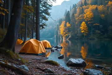 Fotobehang camping , resting in tents near a lake , nature background © River Girl