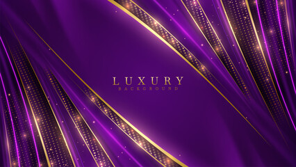 Purple background with vibrant violet neon light effects, Golden curves and bokeh. Luxury modern scene. Vector illustration.