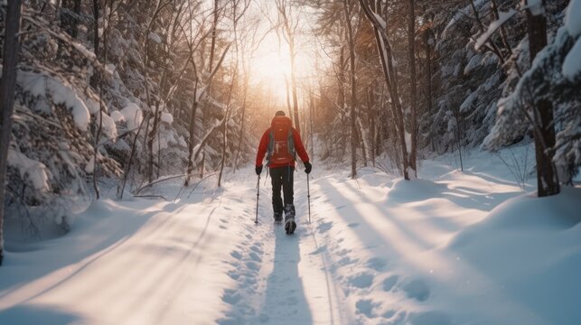 person going for a hike with snowshoes in winter.