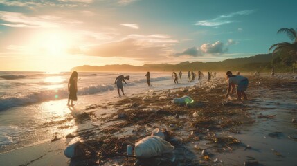 People working together to clean up the beach. Can be used to promote environmental awareness and community involvement. - obrazy, fototapety, plakaty