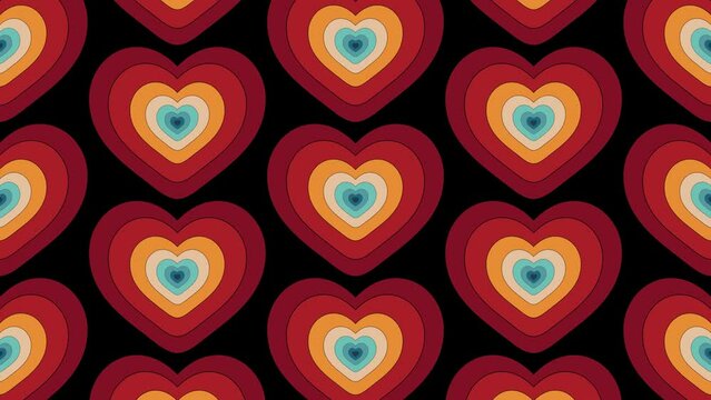 Vintage Striped animation of looped  psychedelic concentric colored hearts with cartoon style. Backgrounds, Posters, Banner Samples, Retro Colors from the 1970s 1980s, 70s, 80s, 90s. retro vintage 70s