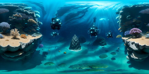 underwater world map 360. panorama view 