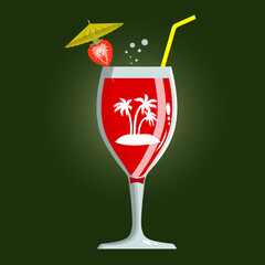 red cocktail with strawberry, white palms 