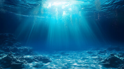 Underwater Ocean - Blue Abyss With Sunlight - Diving And Scuba Background - obrazy, fototapety, plakaty