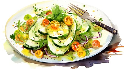 watercolor vegetable salad with cucumber bread