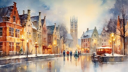 Fototapeta na wymiar Watercolor painting of a winter street in the old