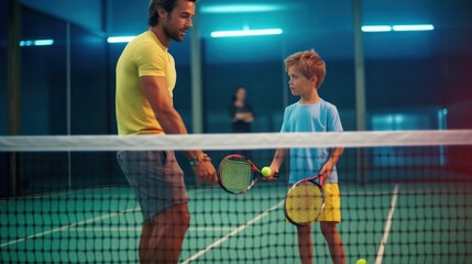 Monitor teaching padel class to man, his student - Trainer teaches boy how to play padel on indoor tennis court. - obrazy, fototapety, plakaty