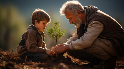 Grandfather and grandson planting a green plant in the ground together