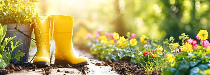 Gardening background with flowerpots, yellow boots in sunny spring or summer garden - obrazy, fototapety, plakaty