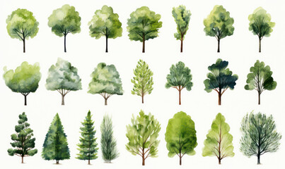 Nature's Tapestry: A Whimsical Collection of Green Tree Silhouettes in a Lush Forest - An Illustrative Set of Oak, Pine, Willow and Birch Trees, Depicting Vibrant Summer and Spring Seasons in a Serene