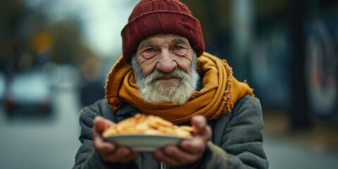Close-up of hands feeding an elderly, destitute guy. Generative Ai. - obrazy, fototapety, plakaty