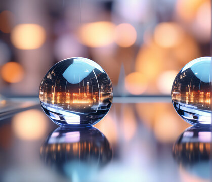 Radiant Night: Vibrant 3D Render of a Glowing Sphere in a Colorful Cityscape with Bokeh Lights and Earthly Reflections