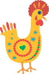 A bright cartoon chicken with a colored pattern on its body. Illustration on a transparent background. Print for fabric, T-shirt, tank top.