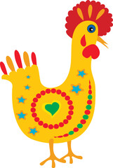 A bright cartoon chicken with a colored pattern on its body. Illustration on a transparent background. Print for fabric, T-shirt, tank top. Vector.