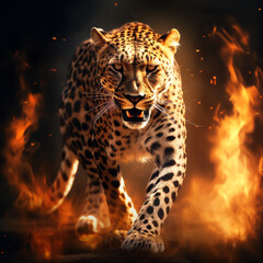 cheetah in the middle of a fire with its mouth open