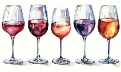 watercolor stickers wine glasses bottles white background