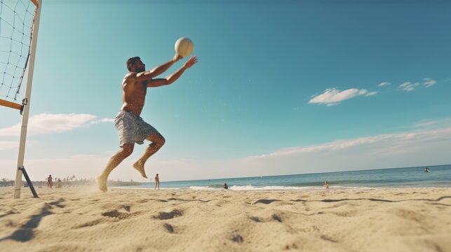 Man, jump and volleyball in air on beach by net in sports match, game or competition. Body of male person jumping for ball in volley or spike in healthy fitness, energy or exercise by the ocean coast.