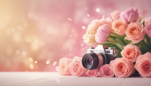 Happy mother's day cover photo with tulips pink background with camera