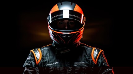 Male Racer wearing racing suit and helmet, with dark background.